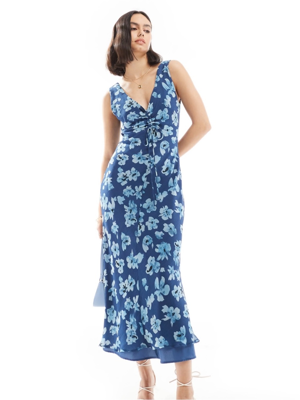 ASOS Curve Blue Floral V-Neck Tie-Waist Midi Dress